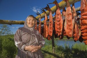 Design Pics inc Portrait of elder native Yupik woman near fish drying rack Kuskokwim River Akiachak Western Alaska Donna nativa del popolo Yupik accanto al pesce essiccato lungo il fiume Kuskokwim